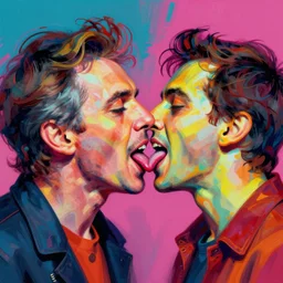 weird and disturbing portrait of bill hicks kissing todd solondz, tongue, vivid colors, neon, art by ( ( ( kuvshinov ilya ) ) ) and wayne barlowe and francis bacon and artgerm and wlop and william - adolphe bouguereau