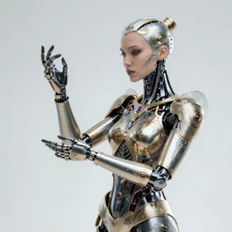a woman turning into an android, portrait, wearing aa cybernetic body, surrealism, intricate detail, ornate armor