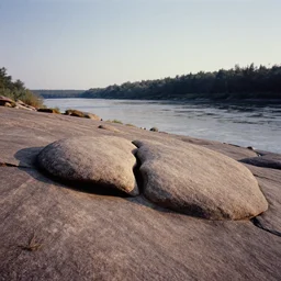 minimalist hidden clefts in the rock, bathed in sun, pleasing morning, appealing smooth flat rocky environment sunningrocks by the river's shore, sparse clearing, distant forest, still placid environment matte painting from the fox and the hound ( 1 9 8 1 )