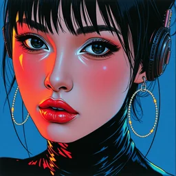 a close - up grainy risograph painting of cyberpunk japanese model girl with black eyes and pretty face wearing latex catsuit and lots of transparent and cellophane accessories, blue hour, twilight, by moebius and lehr paul