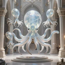 group of mankind species mages with enormous translucent octopus heads floating around inside an ancient mage castle hall colossal scale, gothic and baroque, brutalist architecture, ultradetailed, intricate details by Ellen Jewett and Josan Gonzalez and Giuseppe Arcimboldo