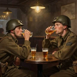 World War 2 soldiers drinking at a pub. Digital painting by James Jean and Greg Rutkowski, 4k wallpaper, dramatic and relaxing lighting