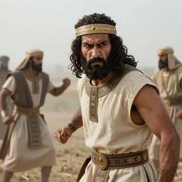 photographic portrait of angered Mediterranean skinned man in ancient Canaanite clothing fighting a Mediterranean skinned in ancient clothing, farm field background, sharp detail, hyper realistic, foggy atmosphere, intense facial expression, octane render