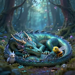 A dragon sleeping in a Ethereal fairy forest. Intricate artwork of Tooth Wu and wlop and beeple and Dan mumford and Greg rutkowski. octane render, 8k, depth of field, bokeh.. iridescent accents