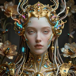 very beautiful woman integrating with technology, full face frontal centered, portrait, insipiring, detailed intricate ornate neon pulsating cables connected to head, very detailed eyes, luxurious detailed abundent wiring and implants, golen porcelain, renaissance, sci - fi, detailed technology background with cyber flowers and insects, dramatic lighting, photography, highly detailed, artstation, 8 k,