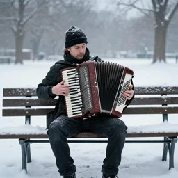 thom york plays the accordion on a park bench. heavy snow. eerie lighting.