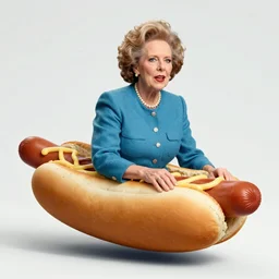 Margaret Thatcher riding a large hot dog, photorealistic, cinematic