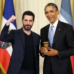 Azis Shavershian flexing over Barrack Obama whilst holding a golden cup
