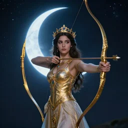 In the name of Artemixel, the modern reincarnation of the old selenium god of hunt (Potnia Theron) and moon (Selene), also known as Artemis/Ártemis/Ἄρτεμις, with the crown of the crescent moon. The symbols of her, such as the golden bow and arrows, surround her. And she is crowned by a bright and slightly bluish crescent, like the brightness of the night.