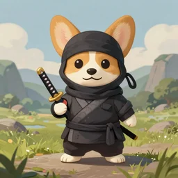 anthropomorphic corgi ninja, ninja outfit, holding a katana, standing in a beautiful landscape, cute and adorable, dnd character art portrait, matte fantasy painting, deviantart artstation, by jason felix by steve argyle by tyler jacobson by peter mohrbacher, cinematic lighting