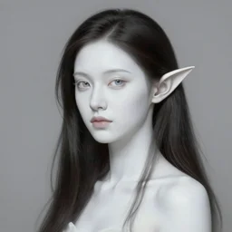 oil portrait an ethereal and elegant elf with white skin and long dark hair, ominous, symmetric, rule of thirds, by alphonse mucha, alphons mucha, art nouveau, hans holbein, wlop