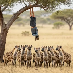 man hanging out with a pack of spotted hyenas, realistic, hdr, clear image, - n 9