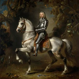 baroque painting of a majestic knight on a horse, dappled light coming through the trees