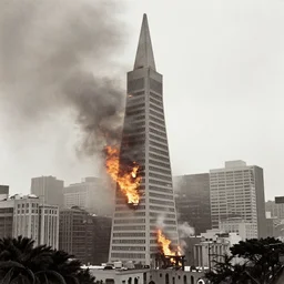 san francisco, transamerica building on fire, rain, historical photograph
