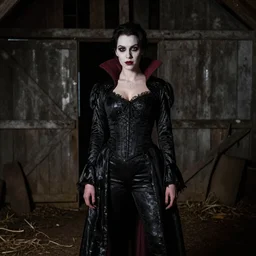 cobie smulders posing as a vampire in gothic clothing in a barn during nighttime
