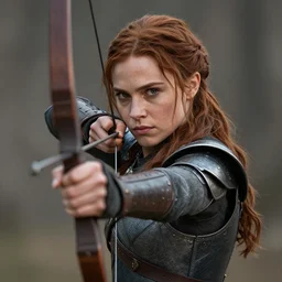 katniss everdeen holding medieval bow and aiming directly to camera, medieval armor,, highly detailed, cinematic shot, cinematic lighting, 8 k, exquisit facial detail,
