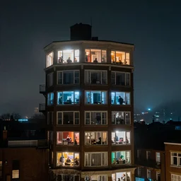 Spying into the windows of a small tower block from outside , observing the private lives of the human inhabitants, volumetric lighting shines through the misty nighttime sky , full color
