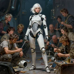 pulp scifi fantasy illustration full body android girl, fencer, white hair, futuristic design, crafting, diy, by norman rockwell, roberto ferri, daniel gerhartz, edd cartier, jack kirby, howard brown, ruan jia, tom lovell, jacob collins, dean cornwell, astounding stories, amazing, fantasy, other worlds