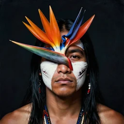 a male tupi guarani warrior portrait with bird of paradise flower covering his face, art by marco mazzoni, dark background, asymmetrical, cinematic, colors red white blue and black
