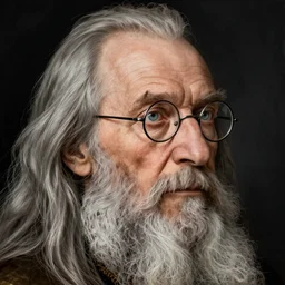 face portrait of a very old wizard with long silver hair and beard and light blue eyes, small half - moon glasses and a long crooked nose, highly detailed, renaissance painting