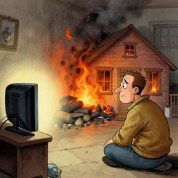 A man watches TV not caring about the fact his house is on fire, funny, political cartoon, detailed