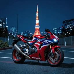 Honda CBR600rr with blood vinyil in the middle of a road on the night Tokyo, blue color grading, cinematic color grading , unreal 5, hyperrealistic, realistic, photorealistic, dynamic lighting, highly detailed, cinematic landscape, studio landscape, studio lighting