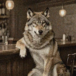 anthropomorphic furry wolf in a bar, 1900s picture