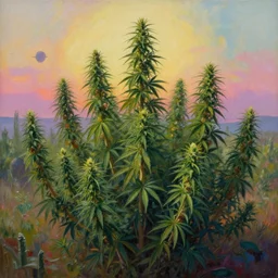 surrealistic painting of cannabis dense bushes on alien planet, colourful morning, by vladimir kush
