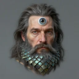 a portrait of a middle aged human with fish scale beard and eyeball hair, fantasy art, concept art