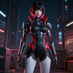 a detailed potrait of a cyberpunk cyborg girl with black and red parts, perfect face, realistic shaded perfect face, detailed. night setting. very anime style. realistic shaded lighting poster by ilya kuvshinov katsuhiro, unreal engine, global illumination, radiant light, detailed and intricate environment, full length and white stockings
