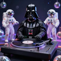 the most amazing dream of darth vader dj science fiction turntable disco astronauts at a rave, syd mead, catholic orthodox symbology, dan mumford, moebius, hd, vibrant color, high contrast, digital illustration, marvel comicbook cover