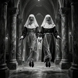 nightmare vision, depth of field. black and white, award winning photo of smiling levitating twin nuns, wearing translucent sheet, Mary in a sanctuary, mirror hallways, eerie, tall columns, faces emerging from columns, frightening, highly detailed 8k —width 1024 —height 1024