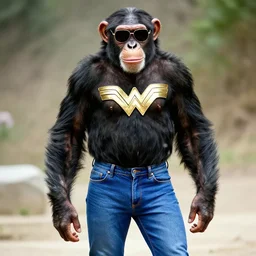 a Chimpanzee, dressed as Wonder Woman, wearing tight fit Blue Jean pants and Sunglasses, photographed in the style of Annie Leibovitz, photorealistic
