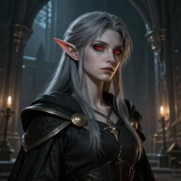 A fantasy comic book style portrait painting of a slender grey elf with red eyes as a Sorcerer in a atmospheric dark fortress, unreal 5, DAZ, hyperrealistic, octane render, RPG portrait, ambient light, dynamic lighting