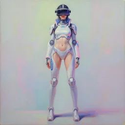 a full body illustration of an asian female cyberpunk character wearing VR goggle implants, symmetrical detailed legs, oil on canvas, soft lighting, neon pastel colors, by WLOP and Greg Staples, HD, 4K
