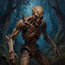 hyper realistic oil painting of a horrible and cruel creature made of wood, by night in a magical forest background. complex and highly detailed, no noise, no grain, clear render, no blur, horror movie scene, octane render, greg rutkowski style.