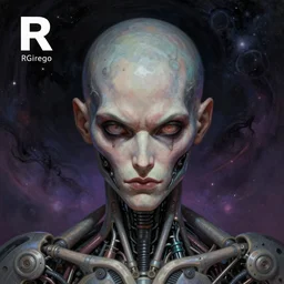 surreal portrait by Greg Rutkowski and H.R Giger, symmetrical face, biomechanical transhuman god, disturbing, terrifying but fascinating, with a determined and sinister expression on his face, cosmic void background, frightening, fascinating, highly detailed portrait, digital painting, book cover, artstation, concept art, smooth, sharp foccus ilustration, Artstation HQ