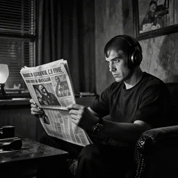 mega - man alone at night in a shabby apartment in 1 9 5 0 s new york looking at a newspaper about a serial killer, black and white, intricate, foreboding real
