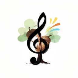 centered minimal silhouette art of an acorn growing into a tree in the shape of a treble clef, with a big scar down the middle of the tree, bursts of color, inspire and overcome, playful