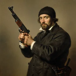 bingus holding a machine gun in the style of rembrandt