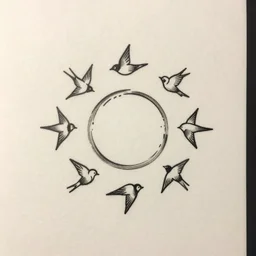 a simple tattoo design of birds flying in a 8 spiral, ink, line art