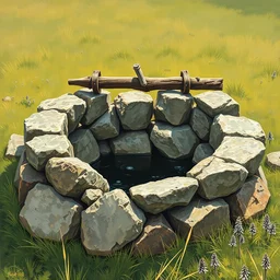a well that is made of rocks, in a grassy field. closeup full - color painting by norman rockwell ; highly detailed.