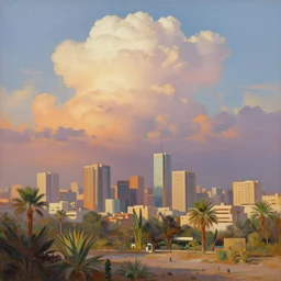 painting of a modern city with some palms and egyptian vegetation lot of light radiosity sunset and big cumulonimbus clouds, gaston bussiere, craig mullins, krenz cushart, simon stalenhag