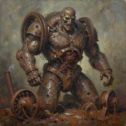 oil paint of macerated by age, sentient, dethroned goliath machine, whipping blood turbines, hydrocracking battles, rusted, macerated, eviscerated by fimbria wires, bicornate fungal pit, trash patina sheen rotting, by alberto bontempi, alex ross, shigeru komatsuzaki, wayne d barlowe, alex ross