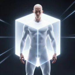 symmetry!! male latino bald, muscular, tight outfit, solid cube of light, hard edges, product render retro - futuristic poster scifi, lasers and neon circuits, brown skin intricate, elegant, highly detailed, digital painting, artstation, concept art, smooth, sharp focus, illustration, dreamlike, art by artgerm