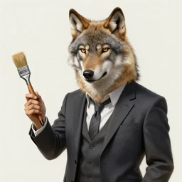 wolf, dressed suit, holding brush paint, art, artstation, wlop, artgerm, hyperdetalied, hyperquality,