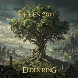 the tree from elden ring in center of frame with a medieval town built around the roots and branches, high detail concept art, painting beautiful landscape