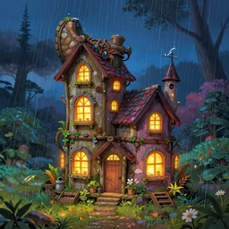 fairy house made from old shoe, house lights, rain, glowing lights, epic fantasy, colorfully, digital art, highly saturated colors, concept art, detailed illustration, hd, 4 k, digital art, greg rutkowski, dan mumford, studio ghibli trending on artstation