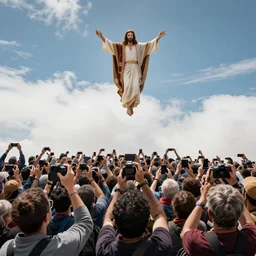 hundreds of people taking photos, jesus coming down from heaven
