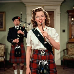 the image is a lost hollywood kodachrome film still photograph of in this image, a beautiful scottish actress from the 1 9 5 0 s. she is wearing a traditional scottish kilt and has a bagpiper playing in the background. the actress has a very kind and welcoming expression on her face, as if she is inviting us into her home. vibrant cinematography, anamorphic lenses, upscale,